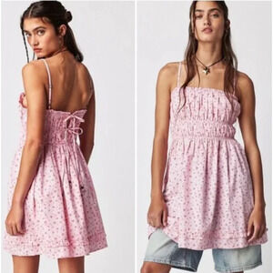 Free People GABBY Smocked Cherry Print Mini Babydoll Tunic Dress in Pink M NWOT